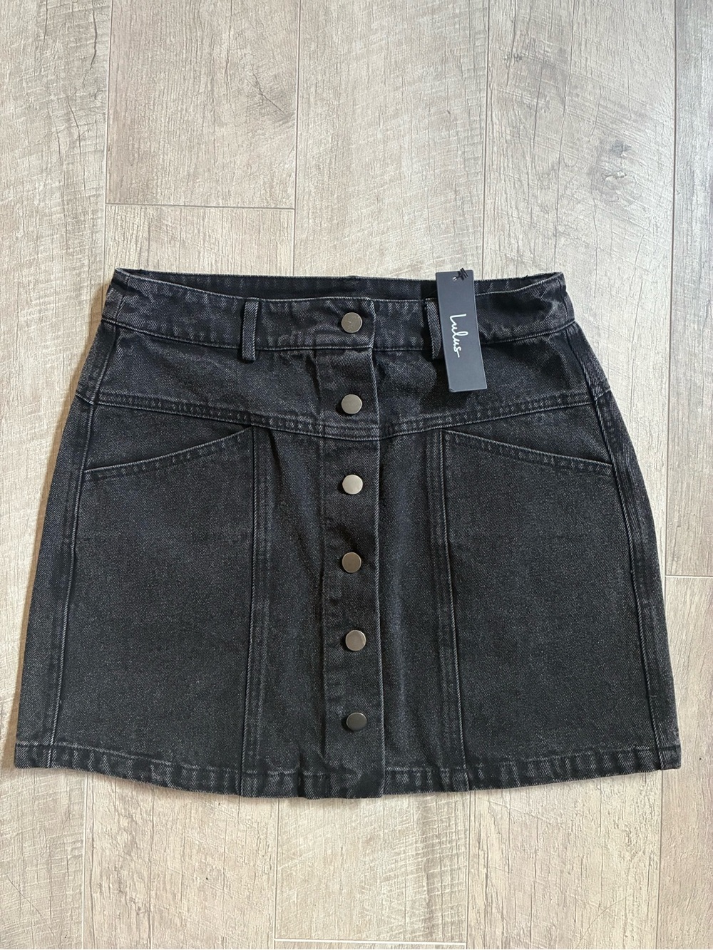 Lulu's Real Babe Faded Washed Black Button-Front High-Waist Mini Skirt Size M - Picture 3 of 8